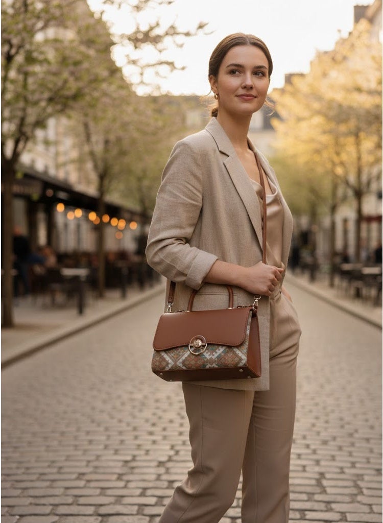 FUMES Brown Women’s Handbag – Smooth Finish with Patterned Fabric Panel, Structured Top Handle & Chain Strap, Elegant Office & Evening Bag - Image 3